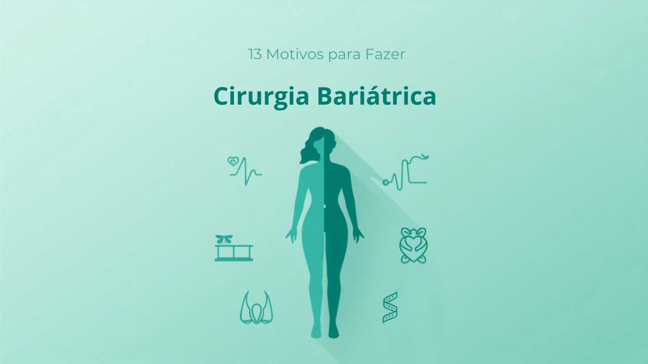 Ilustração de silhueta com ícones médicos ao redor do título &ldquo;13 Motivos para Fazer Cirurgia Bariátrica&rdquo;