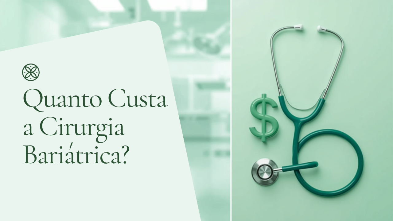 Ilustração com o texto &ldquo;Quanto Custa a Cirurgia Bariátrica?&rdquo; em tema de saúde e finanças