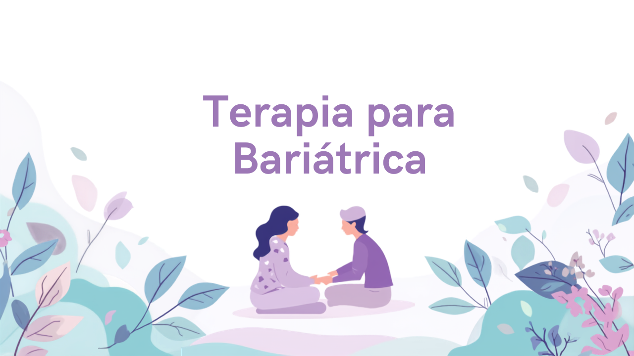 Ilustração de duas pessoas conversando em ambiente acolhedor, com o título &ldquo;Terapia para Bariátrica&rdquo;